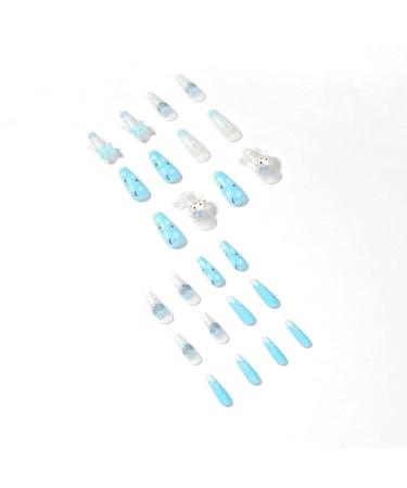 Cute Kawaii 3D Cartoon Animal Blue Glitter Rhinestone Press on Nails - Set of 24 - Buy Online on GoSupps.com