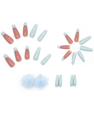 Blue Fur Ball Coffin Fuzzy False Nails - 24pcs Stick-on Long Fake Nails for Women and Girls - Buy Online on GoSupps.com