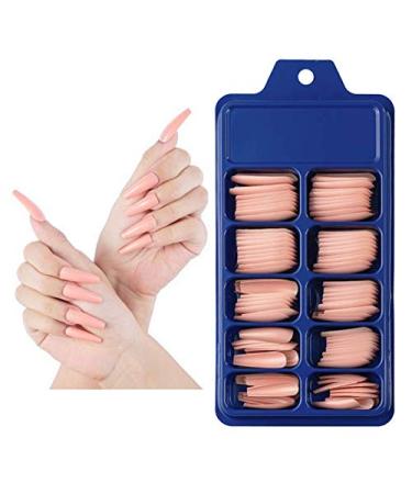 Brishow Coffin False Nails Long Fake Nails Pure Color Ballerina Stick on Nails Glossy Full Cover Acrylic Press on Nails for Women and Girls (Beige)