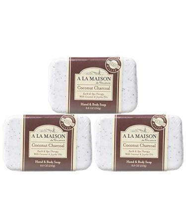 A La Maison Coconut Charcoal Bar Soap 8.8 oz. | 3 Pack Triple French Milled All Natural Soap | Moisturizing and Hydrating For Men, Women, Face and Body