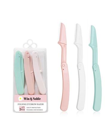 Win & Noble Folding Eyebrow Razor Multi-Purpose Painless Facial Hair Remover Multi-functional Exfoliating Dermaplaning Razor with Storage Box (3 pcs/pack)