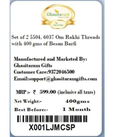Ghasitaram Gifts Rakhi for Brother Rakhis Online - Set of 2 5504 6037 Om Rakhi Threads with 400 GMS of Besan Barfi - Buy Online on GoSupps.com