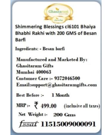 Ghasitaram Gifts Rakhis Online - Rakhi for Brother- Shimmering Blessings cl6101 Bhaiya Bhabhi Rakhi with 200 GMS of Besan Barfi - Buy Online on GoSupps.com