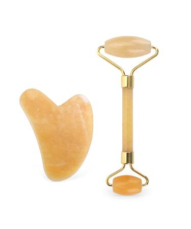 Gua Sha Facial Tool Natural Jade Roller Guasha Skin Scraper Facial Set Facial Stone Firming Face Anti-Aging Puffy Eyes Massager Neck Anti Wrinkle-Yellow set no box