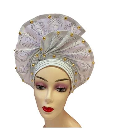 QliHut Luxury Nigerian Aso Oke Headtie Already Made African Headtie Women Headbands Head Wrap Turban Cap Auto Gele Headties Femme Headscarf Headgear Sewing Fabric For Party (White)