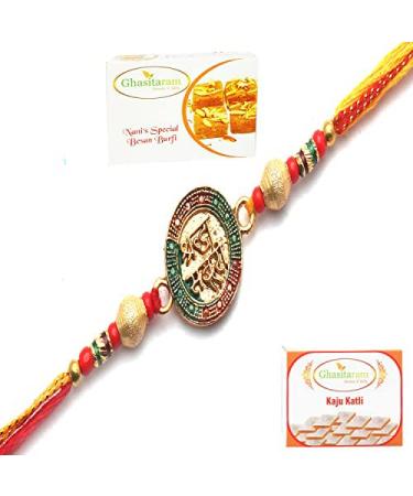 Ghasitaram Gifts Rakhi for Brother Rakhis Online - Shraddha & Saburi for My Brother Rakhi with 200 GMS of Besan Barfi and 200 GMS of Kaju Katli Rakhi Set with 200 gms of Besan Barfi & Kaju Katli