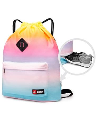 WANDF Drawstring Backpack with Shoe Pocket Gym Bag Water-Resistant String Sackpack Cinch Bag for Women Girls Men Rainbow