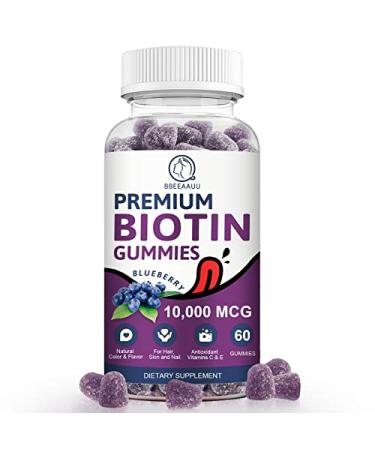 Biotin Gummies for Hair Growth, Biotin Hair, Skin & Nails Growth, 10000mg Vitamins Gummy for Women Men and Kids Vegan, Pectin Based, Blueberry Flavor - 60 Count Pack of 1