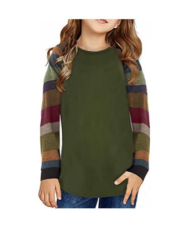 WHVFSSG Teen Girls Striped Long Sleeve T-Shirt Casual Loose Crewneck Pullover Sweatshirt Tunic Blouse Fall Clothes Green-a 10-11 Years