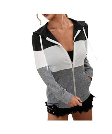 Fall Hoodies for Women Color Block Hooded Sweatshirt Basic Zip-Up Jersey Jacket Long Sleeve Top with Pockets Zip-Front Hoodie Small Gray