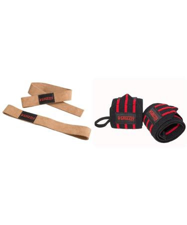 Grizzly Fitness 1.5" Premium Genuine Leather Lifting Wrist Straps | 3" Heavy Duty Red Line Weight Lifting Wrist Wraps