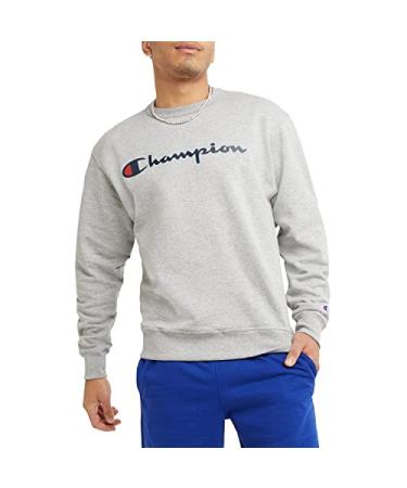 Champion Men's Powerblend Fleece Crew Sweatshirt for Men, Crewneck, Script (Reg. or Big & Tall) Standard Large Oxford Gray Script