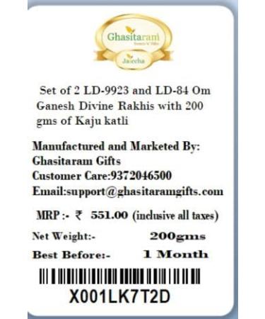 Ghasitaram Gifts Rakhi for Brother Rakhis Online - Set of 2 LD-9923 and LD-84 Om Ganesh Divine Rakhis with 200 GMS of Kaju katli - Buy Online on GoSupps.com