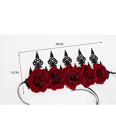Gothic Floral Crown Headband Bridal Flower Garland Headband Hair Wreath Garland Floral Headpiece with Ribbon Women Girls Flower Tiara Hair Accessories for Wedding Cosplay Halloween Party Photography Wine Red - Buy Online on GoSupps.com