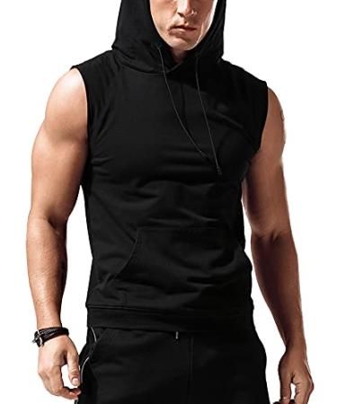 Babioboa Men's Workout Hooded Tank Tops Sleeveless Gym Hoodies Bodybuilding Muscle Cut Off T-Shirts Black Medium
