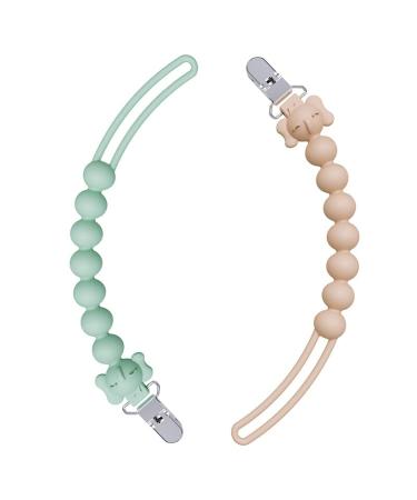 Silicone Pacifier Clip with Cute Elephant Shape Design Pack of 2 100% Silicone Pacifier Strap with Metal Clip (Green and Pale Orange)