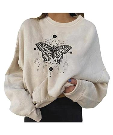 Trendy Pullover Hoodies for Teen Girls Sweatshirts For Women Casual Short Crewneck Long Sleeve Print Pullover Cc2-beige Medium