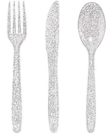 Lillian Collection Plastic Cutlery Combo Box | Silver Glitter | Pack of 48