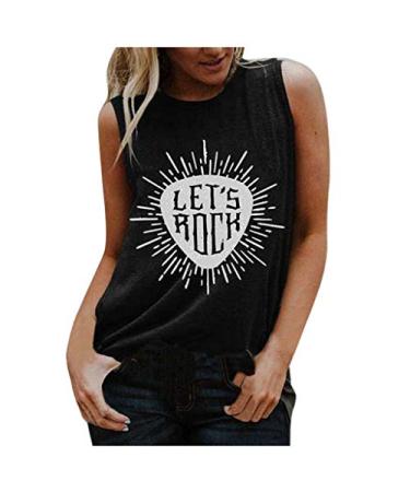 Vintage Tees for Women with Sayings Funny Graphic Tank Tops Let's Rock Summer Sleeveless T-Shirt Blouses Black XX-Large