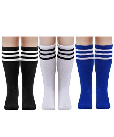 Dxhycc 3 Pairs Stripes Knee High Tube Socks Kids Soccer Socks School Cotton Uniform Sports Socks for Toddler Girls and Boys Black, White, Blue