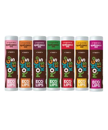 Eco Lips Lip Balm Mongo Kiss Organic 7 Pack - Blood Orange, Black Cherry, Pomegranate, Vanilla Honey, Peppermint, Strawberry Lavender, Yumberry 100% Organic with Mongongo Oil - Soothe & Moisturize Dry, Cracked Lips - Made …