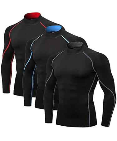 3 Pack Men's Athletic Long Sleeve Compression Shirts Dry Fit Workout Sports Gym Shirts Base-Layer Running Top Football Mock Turtleneck- B Grey+b Blue+b Red Medium