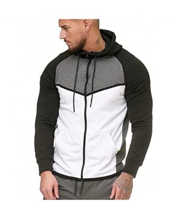 ZDFER Sweatshirts Coat for Men, Zip Up Hoodies Winter Casual Long Sleeve Patchwork Jacket Tops Drawstring Hooded Sweater White Large