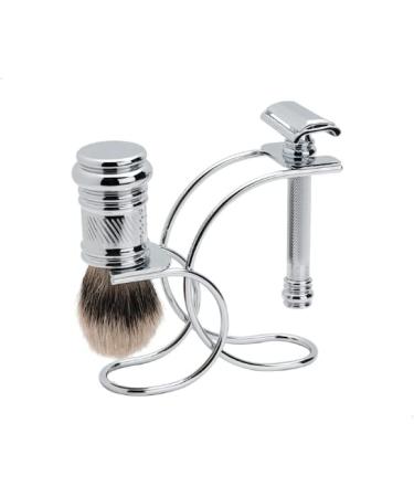 Mercury Razor set with brush and stand gloss chrome 3981 |Two -part razor with an oblique cut |Ideal for wet shaving |Zinc die casting |Brass handle |Made in Germany