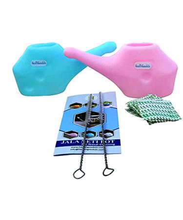 HealthGoodsIn Set of 2 Traveler  s Unbreakable Plastic Neti Pot 5 Sachets Salt + 2 Cleaning Brushes - Pink and Blue Color