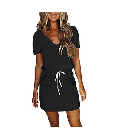 Summer Dresses for Women Casual Short Dresses Sexy V Neck Sun Dresses Striped Splicing Dresses with Pockets Medium Short Sleeve-c-black