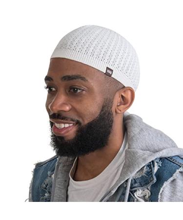 Breathable Cotton Stretchy Skull Cap Kufi Hats for Men in Cool Designs | Helmet Liner | Muslim Ramadan Gifts Eid Gifts White W/ Perforated Design