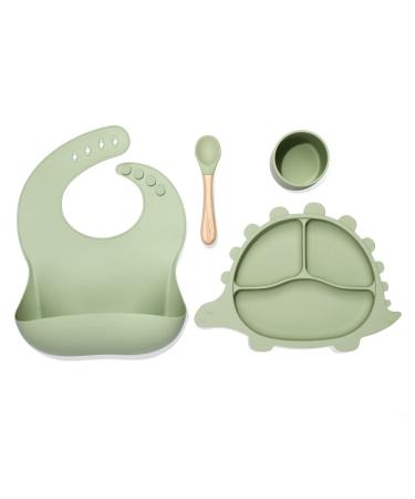 HongHong Silicone Baby Feeding Set - Silicone Bib  Dinosaur Shape Silicone Plate Baby Suction- Baby Toddler Self Feeding Training Eating Dishes Supplies  Green  25*30*5cm (SB008)