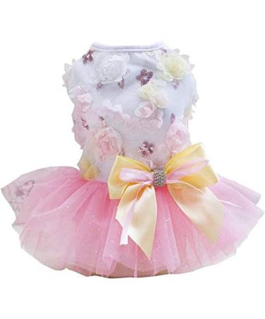 Izefia Dog Dress Puppy Skirt Dog Princess Dresses Tutu Flower and Sequin Dot Wedding Lace Dress Luxury Bow Dog Dresses for Small Dogs Girl Cat (XS, Pink) X-Small Pink