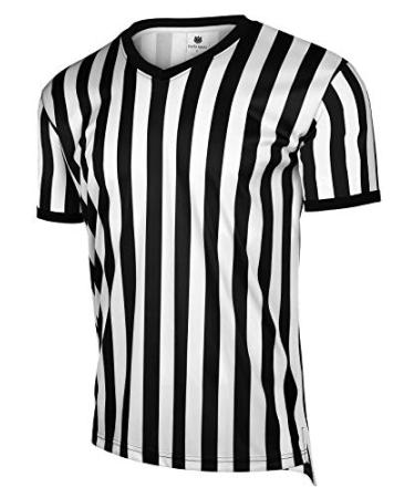 FitsT4 Men's Official Black & White Stripe Referee Shirt Zipper Collared V-Neck Short Sleeve Umpire Jersey Costume Pro Ref Uniform for Soccer Basketball Football Black/White Stripe-V Neck X-Large