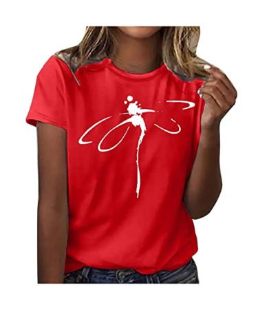 2023 Womens Summer Tops Womens Sprint Summer Print T-Shirt Short Sleeve Tops Elegant Trendy Tee Going Out Tops for Women#red XX-Large