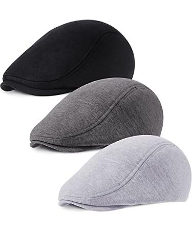 3 Pieces Newsboy Men's Hat Soft Stretch Fit Men Cap Cabbie Driving Cap for Men Black, Dark Grey, Light Grey