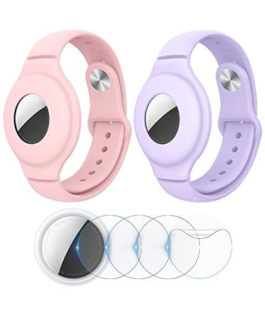 VEGO 2+4Pack AirTag Bracelet for Kids 2 Pack Silicone Watch Bands + 4 Pack Anti-Scratch Films for Kids Children Upgraded Metal Studs Anti-dropping Wristband Compatible with AirTag PINK+PURPLE