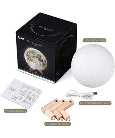 AGM 3D Moon Lamp 15cm - USB Rechargeable Touch Night Light with Wooden Stand | 5.9 Inch | Perfect for Bedrooms | 2 Colors - Buy Online on GoSupps.com