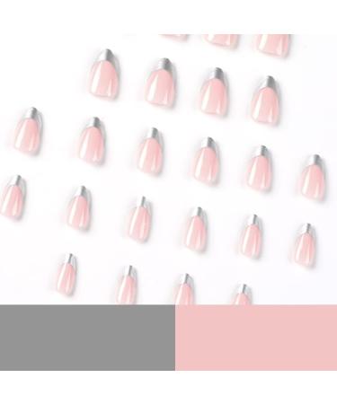 French Tip Press on Nails - Short point Press On Nails with Nail Tips Silver edged Design Glossy pink press on nails Acrylic False Nails Cute Artificial Nails - Buy Online on GoSupps.com