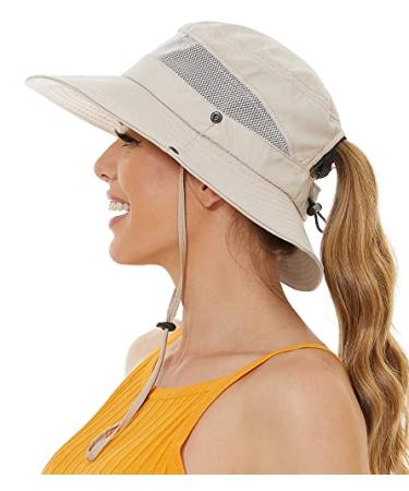 Sun Hat with Ponytail Hole for Women,Sun UV Protection UPF50+ Waterproof Beach Bucket Safari Hiking Hat for Women Beige