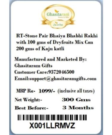 Ghasitaram Gifts Rakhis Online - Rakhi for Brother-RT-Stone Pair Bhaiya Bhabhi Rakhi with 100 GMS of Dryfruits Mix Can 200 GMS of Kaju katli Rakhi Set & 100g Dryfruits Mix Can 200g Kaju katli - Buy Online on GoSupps.com