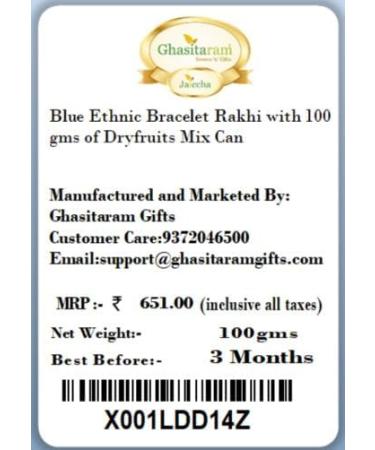 Ghasitaram Gifts Rakhi for Brother Rakhis Online - RM571 - Blue Ethnic Bracelet Rakhi with 100 GMS of Dryfruits Mix Can Rakhi Set with 100 gms of Dryfruits Mix Can - Buy Online on GoSupps.com