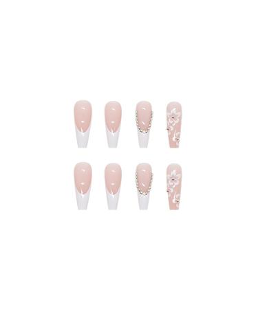White Coffin Long Square Press on Nails with Cute Flowers Design - Glossy False Nails for Women - Acrylic Stick on Nails with Glue - M3-13 - Buy Online on GoSupps.com