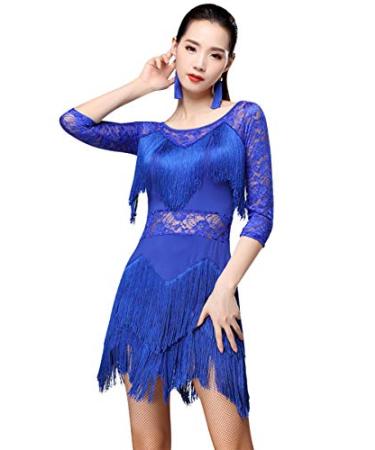ZX Women's Fringed Ballroom Costume Lace Round Neck 1/2 Sleeve Tango Salsa Latin Dance Dress with Shorts Royal Blue Large