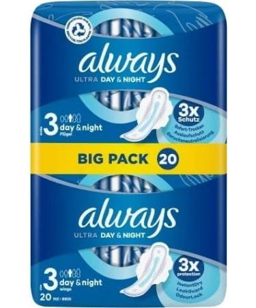 Always Ultra Day & Night Sanitary Pads (Size 3) with Wings 20 Pads Super Absorbent and Ultra Thin for The Period