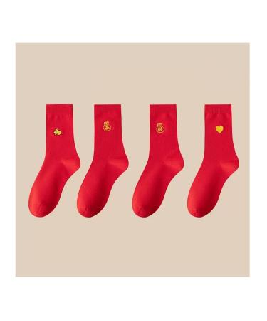 Chinese New Year Red Man Socks Soft Comfortable Autumn Winter Embroidered Lucky Socks Spring Festival Gift 4 Pairs (Color : Red-4 Size : 39-44) 39-44 Red-4