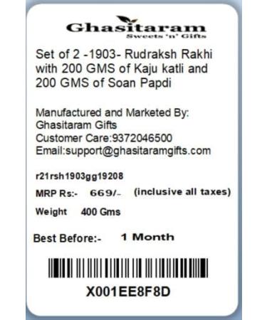 Ghasitaram Gifts Rakhi for Brother Rakhis Online - Set of 2-1903- Rudraksh Rakhi with 200 GMS of Kaju katli and 200 GMS of Soan Papdi - Buy Online on GoSupps.com