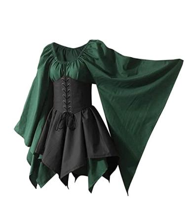 Medieval Costume Women's Renaissance Flare Sleeve Corset Skirt Overskirt Elven Archer Fancy Dress Irish Over Gown 2pcs Set Medium Green