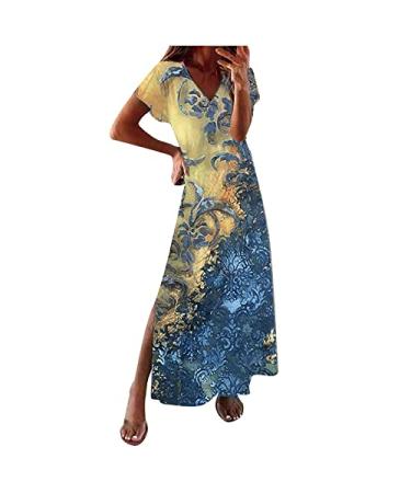 Women's Short Sleeve Loose Long Lounge Dress Floral Printed V Neck Casual Maxi Dresses with Side Split Blue Small