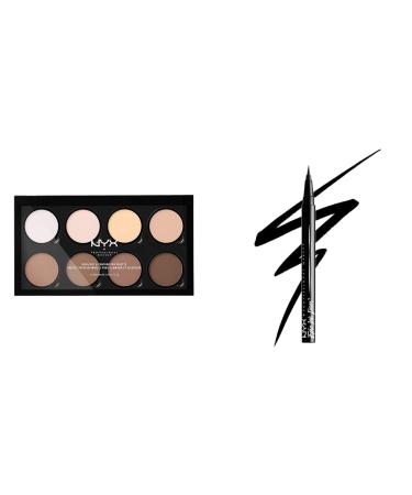 Nyx Professional Makeup Highlight & Contour Pro Palette Powder Contours Kit 8 Interior Matte and Perl Muttone & Epic Ink Eye Liner Feltstift Waterproof Vegan Formula Shade 01 Powder Contours Set Bundle With Epic Ink Eye Liner